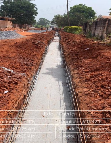 Reinforced concrete drainage channel under construction, Irrua township roads rehabilitation, Edo State